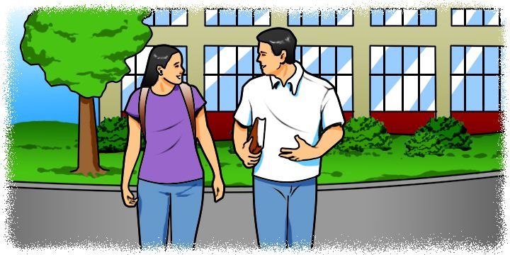 Cartoon: Students talking in front of a building