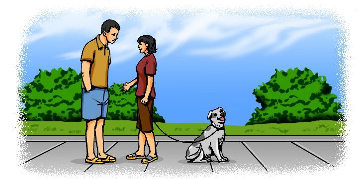 Cartoon: Man and woman talking while walking the dog