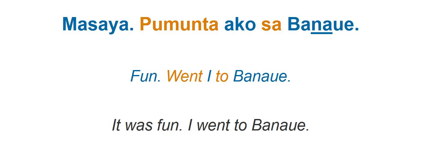 Tagalog sentence, literal translation with color coding and natural translation